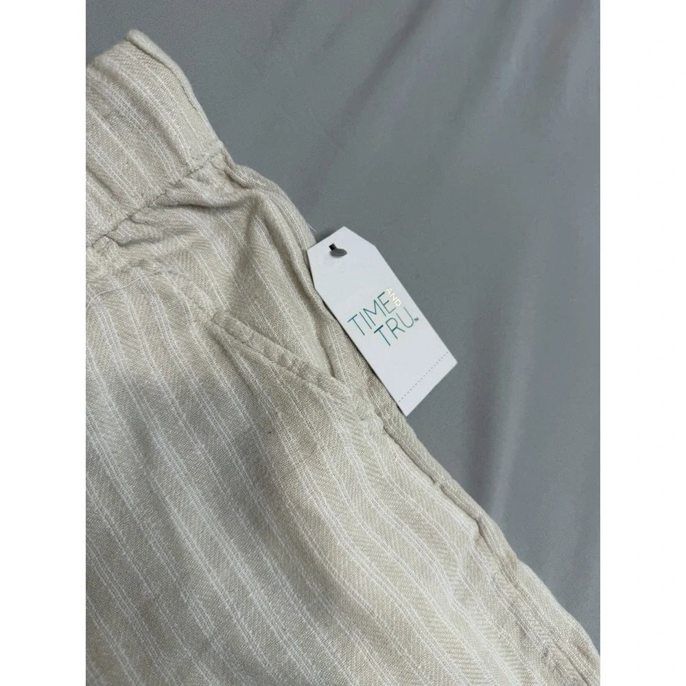 Time & Tru Women's Linen Blend Pull On Shorts Small (4-6) Beige Stripe New Beach